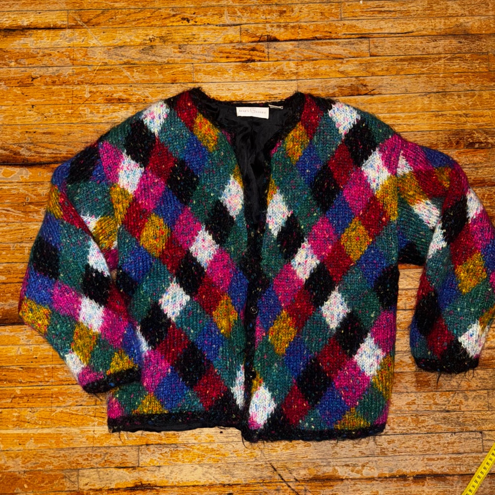 Vintage Jane's Closet Fuzzy Diamond Wool Blend Colorful Knit Cardigan Sweater XL